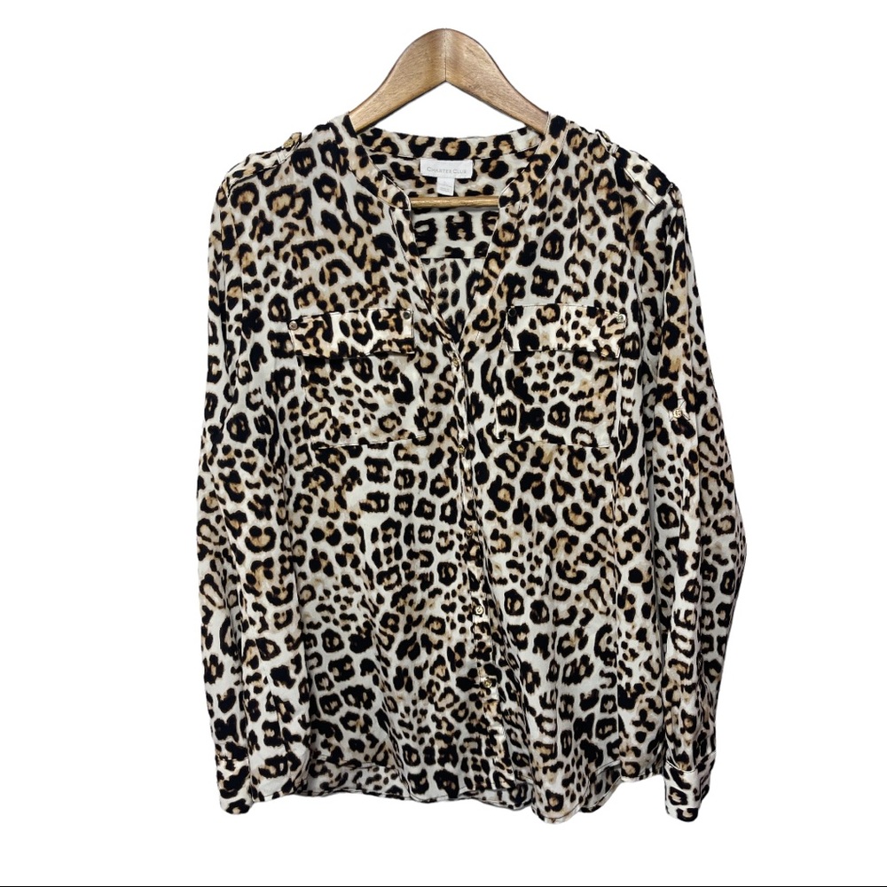 Charter Club Cheetah Print Blouse- button up- lightweight- size large